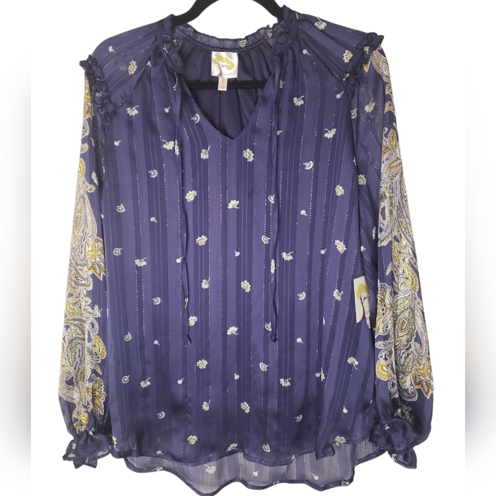 NWT Fig and Flower Floral Blouse Ruffle Tie Neck Peasant Boho Sheer Lined Size L